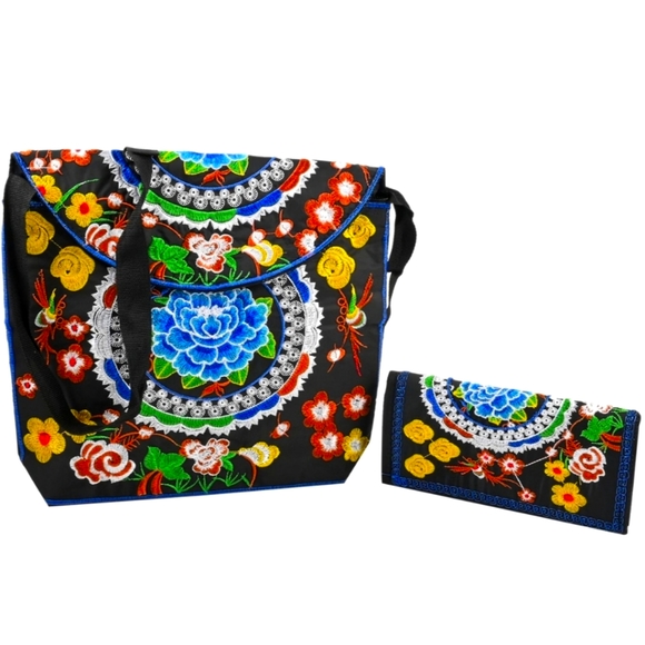 Set of 2 Blue Mix Floral Embroidery Pattern Sling Bag and Wallet New With Tags - Picture 1 of 5